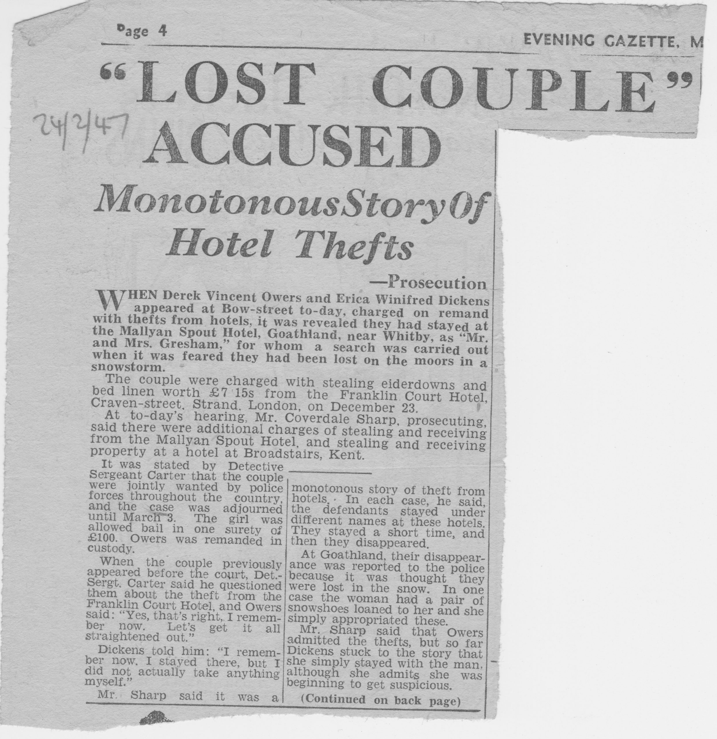 Missing couple accused of Goathland hotel thefts..