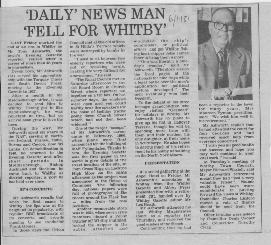 Tom retired in October 1981 after serving as Whitby reporter for 44 years